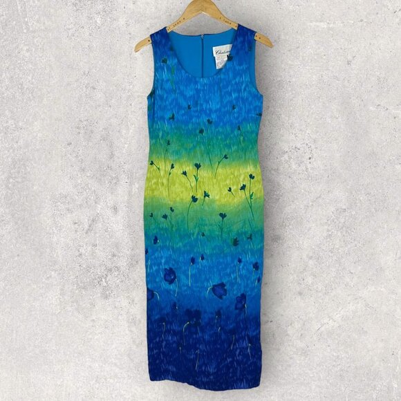 Vintage Chatcarel Bohemian Print Blue Yellow Maxi Shift Dress Size 6 Canada Made - Picture 2 of 11